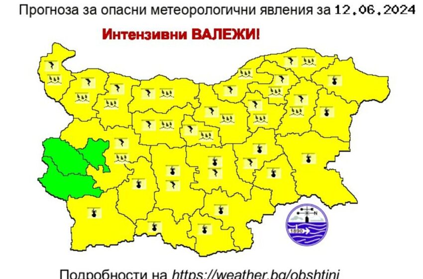  Жълт код за жеги и краткотрайни интензивни валежи и за градушки издаде за 25 области на страната НИМХ